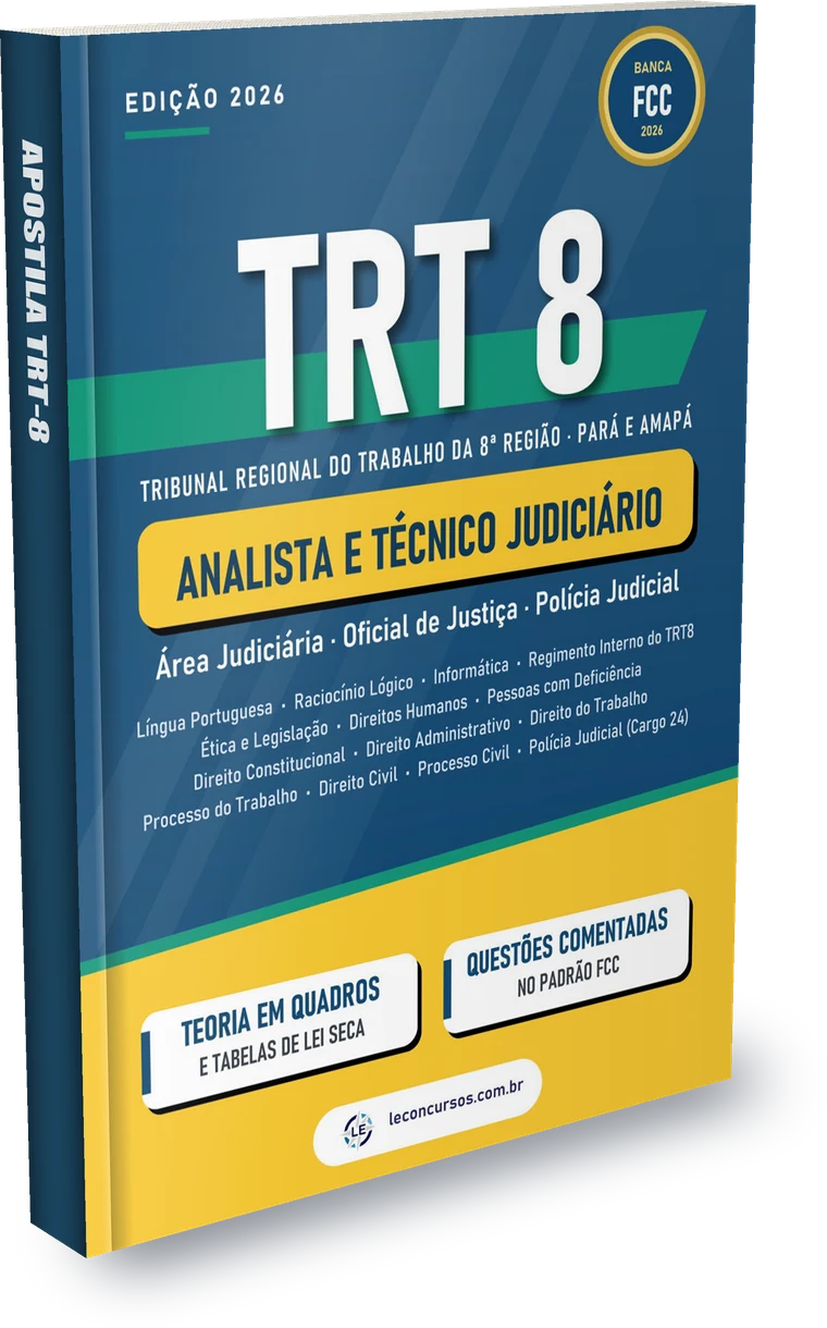 Capa: Apostila TRT-8 2026 em PDF - Analista e Técnico Judiciário - Área Judiciária, Oficial de Justiça e Polícia Judicial